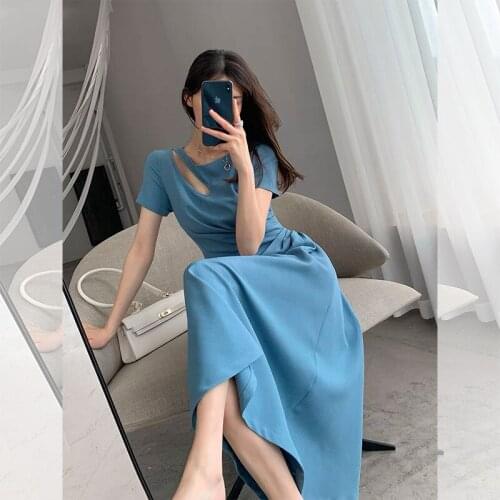 Sexy Lady Dress Womens Wear Summer High Waist Short Sleeve Slim Korean Female Party Hollowed Out Retro Dress