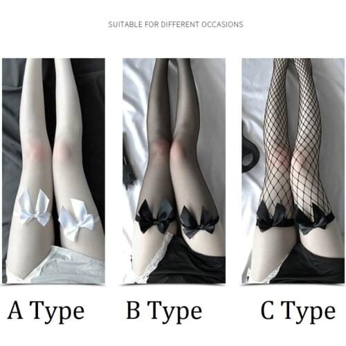 Sexy Womens Beautiful Satin Bow Thigh High Black White Stay Up Hosiery Silk Stockings Ladies Lace Over The Knee Socks For Daily