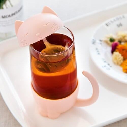 Kawaii Cat Glass Tea Mug Cup With Fish Tea Infuser Creative Funny Mugs And Cups Cartoon Cute Drinking Bottle For Kids Girl Gifts