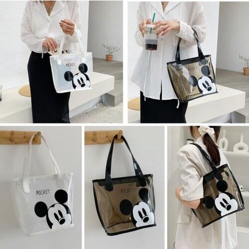 Disney Mickey Mouse PVC shoulder bag lady girl fashion transparent jelly color handbag large capacity womens shopping bag gift