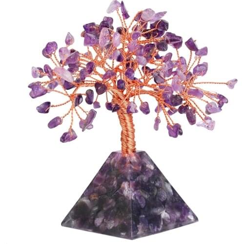 TUMBEELLUWA Natural Purple Crystal Money Tree with Purple Crystal Pyramid Base Bonsai Home Decoration Wealth Luck