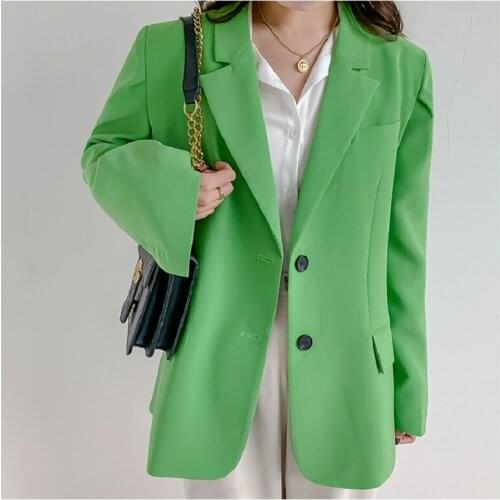 QingWen Autumn 2021 spring Notched Single-breasted Green Full Loose Suit Fashion Big Pocket Coat High Quality Office Lady Blazer