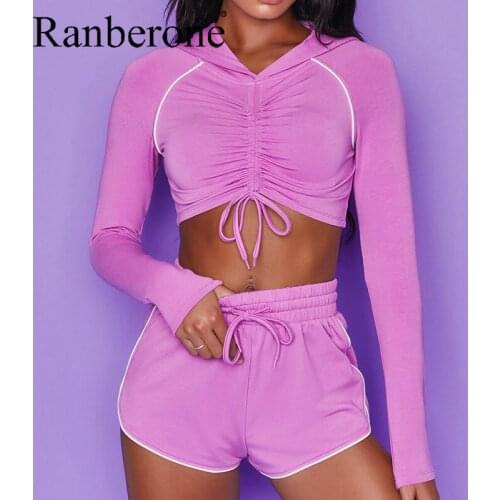Ranberone 2 Piece Suit Women Sport Long Sleeve Bandage Hoodie Top + Sports Shorts Sportswear Stripe Fitness Wear Tracksuit Wives
