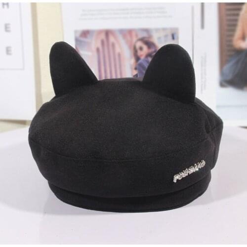 New Hat Female Cute Tweed Cat Ear Rhinestone Beret Korean Casual Painter Hat Women Beret Warm Knitted Hat For Autumn And Winter