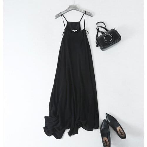 Black Dress Women 100% Silk Simple Design Adjustable Spaghetti Strap Sleeveless Long Dress Elegant Style New Fashion 2018