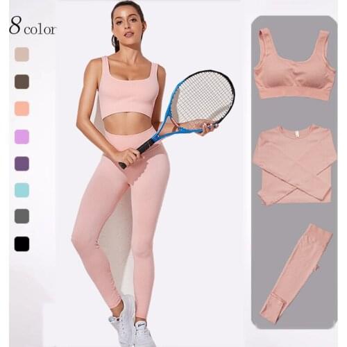 2021 Women Seamless Yoga Set Workout Clothes Athletic Wear Sports Gym Legging Fitness Bra Crop Top Long Sleeve Yoga Suits