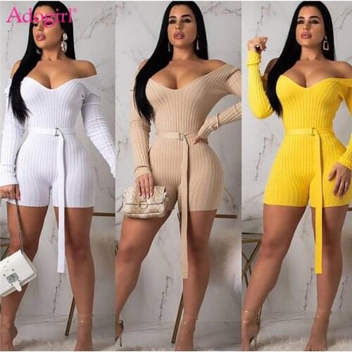 Adogirl Women Sexy Off Shoulder Knitted Playsuit Sexy V Neck Long Sleeve Slim Shorts Jumpsuit Knitting Romper Bibbed Bodysuits