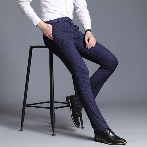 Striped mens dress pants Straight Wedding suit pants Long Trousers Casual Business social pants slim navy blue mens work pants