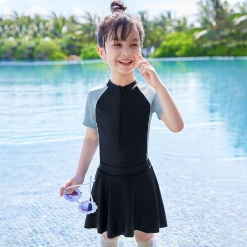 Short Sleeve Front Zipper Swimwear Kids 2021 Girls Children Swimsuit With Removable Skirt Baby Bathing Suit Zwemkleding Meisjes