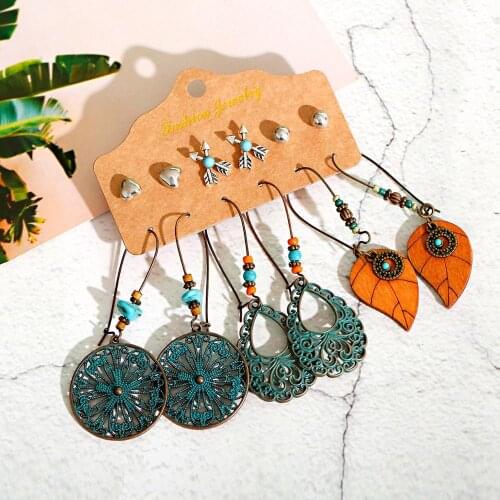 6 Piece Set Of Ethnic Fashion Long Earrings Vintage Antique Color Alloy Pendant Natural Stone Turquoises Decoration Jewelry
