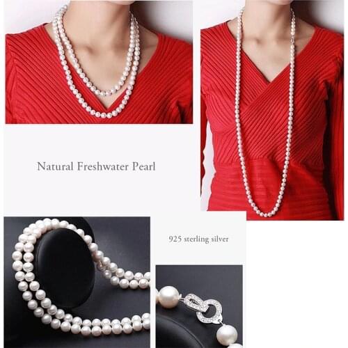 Elegant Long 110cm 100% Genuine Natural Pearl Near Round Women Necklace For Love Gift, Classic White Big 9-10mm Natural Pearl