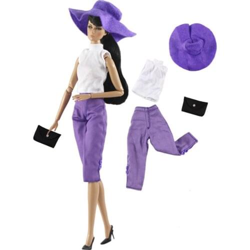 Purple Doll Outfits Clothes Set For Barbie Doll Clothes Hat Tops Pants Handbag 1/6 BJD Doll Accessories For Barbie Dollhouse Toy