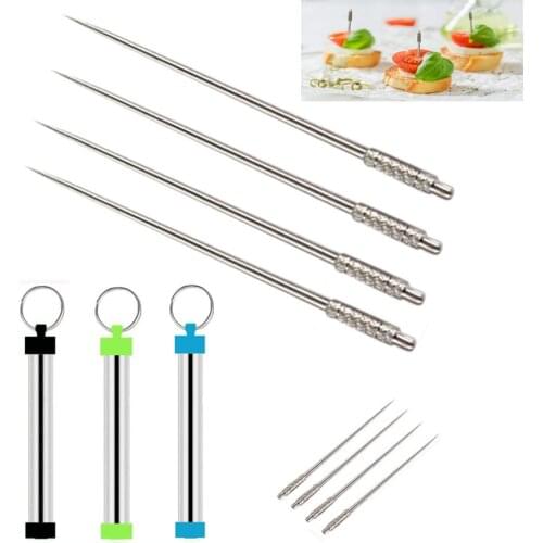 4Pcs Outdoor Stainless Steel Titanium Toothpick Dispenser Container Pocket with Reusable Food Fruit Picks for Camping Picnic