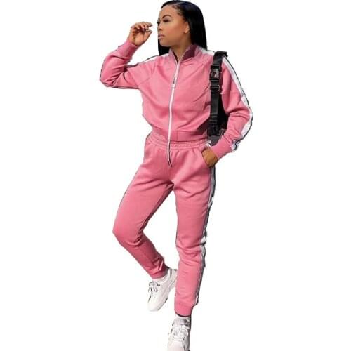 2020 fashion new casual movement style sets long sleeve lapel zipper top elastic long pants striped two piece sets