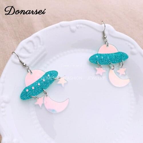Donarsei Creative Universe UFO Earrings For Women Novelty Star Moon Alien Spaceship Acrylic Drop Earrings Funny Jewelry