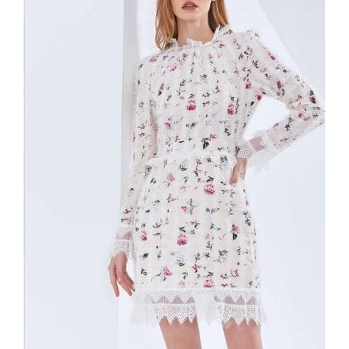Patchwork Lace Women Flower Print Dress Long Sleeve Bodycon Mini Dresses 3244
