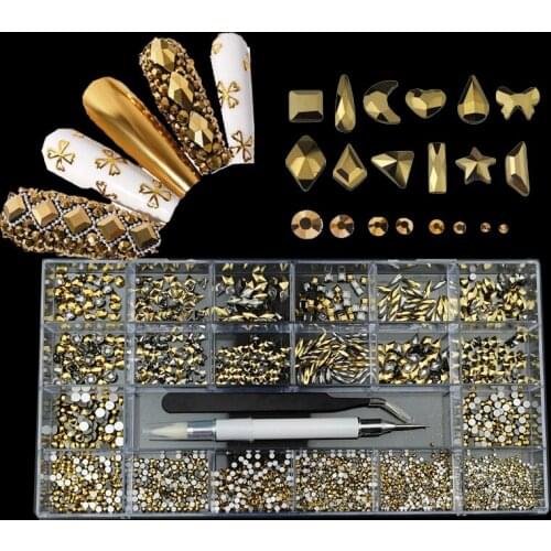 3100pcs Boxed AB Nail Art Rhinestones Set 12 Shapes Diamonds and SS4-SS20 Flatback Rhinestones With 1 Pick Up Pen
