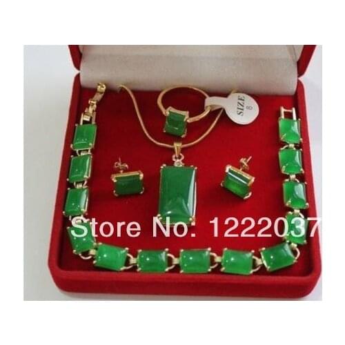 Wholesale Beautiful Natural green stone Pendant Bracelet Earring Ring Jewellery set +(box)