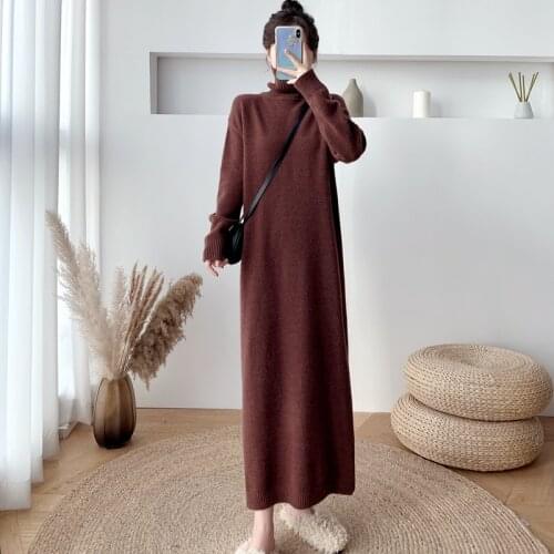 Autumn Winter Over-The-Knee Knitted Dress Women Loose Thin Casual Turtleneck Sweater Long Dress