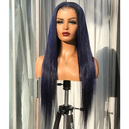 Silky Straight Blue Color Brazilain Remy Hair Preplucked 13*4 Lace Front Part Human Hair Wig Bleached Knots With Baby Hair