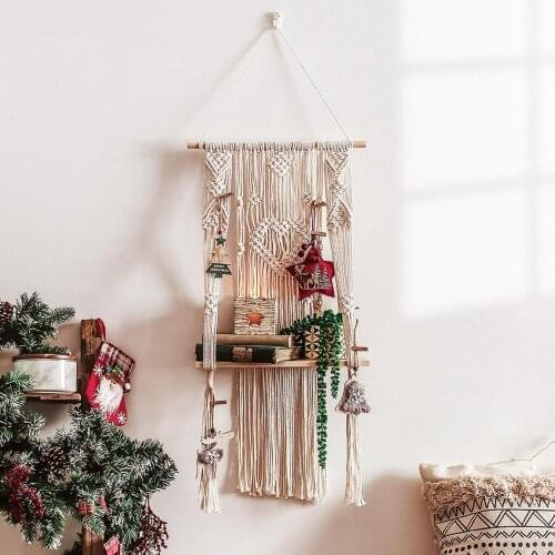 Nordic Tapestries Hanging Rack Bohemian Tassel Storage Holder Woven Plant Wall Shelf Handmade Bedroom Ornament Shelves for Home