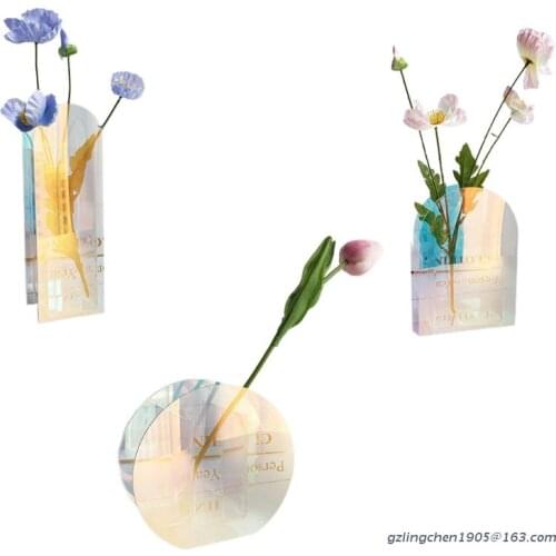 Nordic Modern Geometric Acrylic Vase Iridescent Rainbow Colored Flower Pot Container Floral Arrangement Office Home Table