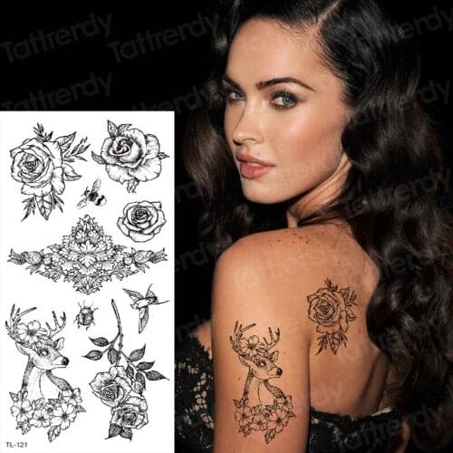 Girl sketch Temporary tattoo sticker black flowers beauty girls body arm tattoos Sternum Sternal patch choker tatoo cute size