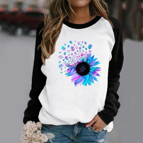 Harajuku Womens Autumn Shirts Sunflower Print Pullover O Neck Loose Long Sleeve Casual Blouse Sweatshirt Ropa Mujer Camisetas