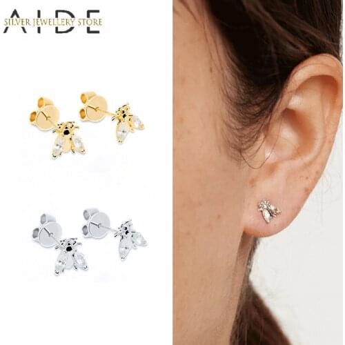 AIDE Punk 925 Sterling Silver Bee Stud Earrings for Women Cute Small Insect Zircon Pierced Earrings Fine Jewelry Gift kolczyki