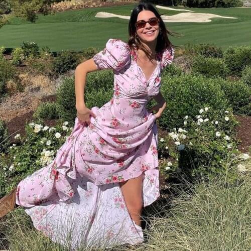 Vintage Floral Long Dress Women Summer Puff Sleeve Bohemian Bandage Dresses Party 2021 Fashion Holiday Print Pink Maxi Dresse