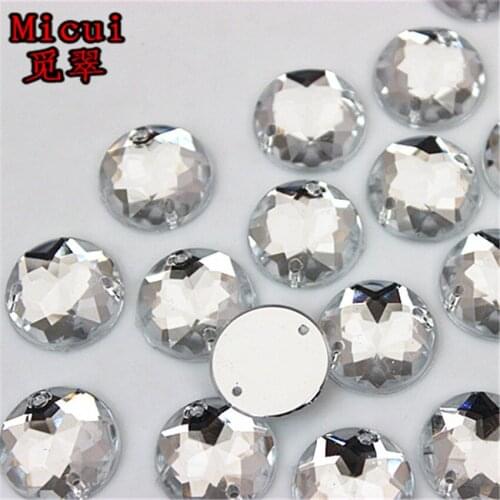 Micui 100PCS 15mm Clear Round Acrylic Rhinestones Crystal Flat Back Beads Sew On 2 Holes Stones For Clothing Decoration ZZ231B