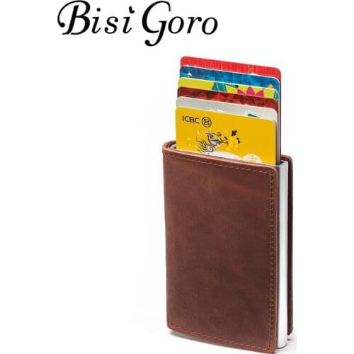 BISI GORO 2020 RFID Card Holder Genuine Leather Aluminum Box Slim Thin Smart New Metal Case Clutch Pop-up Wallet Real Leather