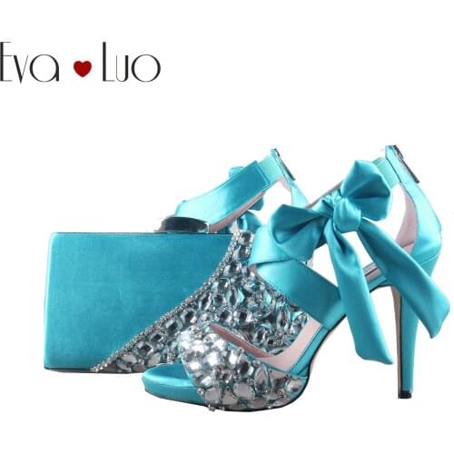 BS948 DHL Custom Made Turquoise Bow Rhinestone Shoes with Matching Bag Bridal Wedding Shoes Women High Heel Sandals