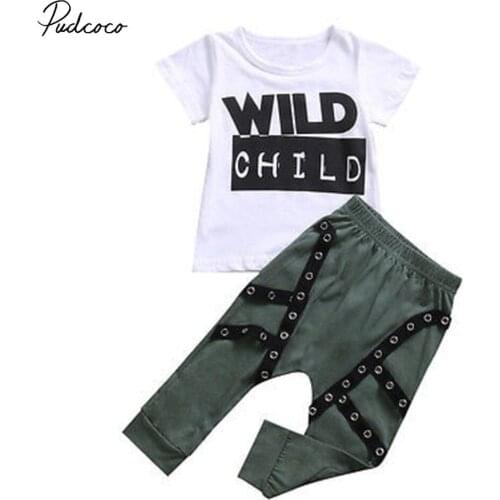 Helen115 Casual Kid Baby Boys Summer Letter Short Sleeve T-shirt+green Pants 2pcs Set 3m-3y