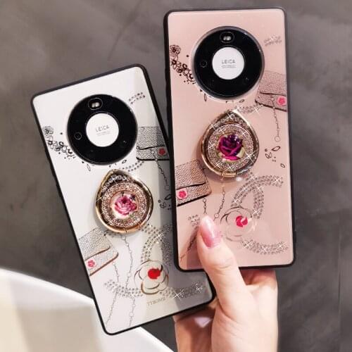 For Huawei mate40/40pro Mobile Phone Case Fashion Phone Cover Back Film Protector and Crystal Rose Finger Ring Phone Holder