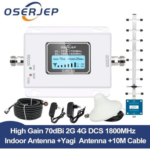 GSM LTE 1800 LCD 70dB 2g 4g Cell Phone Signal Repeater DCS 1800MHz Mobile Amplifier GSM Signal Booster + Yagi /Ceiling Antenna