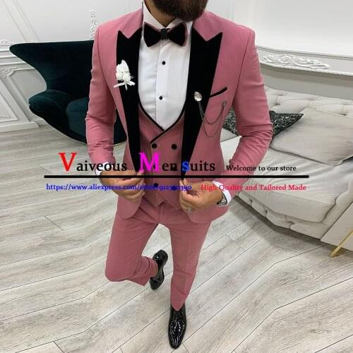Coral Men Suits 3 Piece (Jacket+Pants+Vest) Custom Made Groomsmen Groom Tuxedos Formal Mens Wedding Suit Best Man Blazer Costume