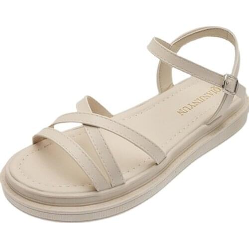 Summer new style Korean womens white sandals round toe thick-soled buckle casual beach shoes