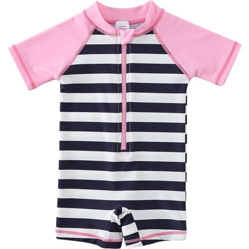 Wishere Striped Swimwear One Piece Swimsuit Short Sleeve Beach Clothes Baby Girl Swim Shirt