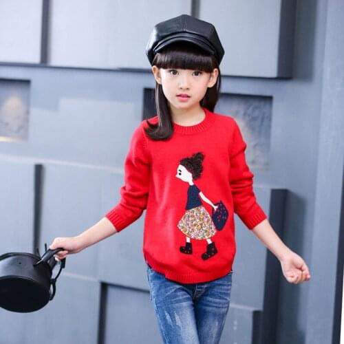 Girls Fashion Cartoon Round Neck Knitted Sweater Spring Fall Kids Long-sleeved Casual Knitwear Clothes Childrens Pullovers B232