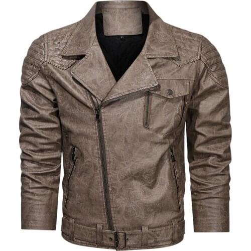2022 Mens Autumn New Polo Collar Oblique Zipper PU Leather Jacket Pleated Motorcycle Leisure Leather Coat