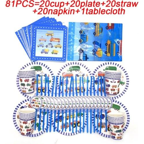 Christmas Party Set 81PCS Cartoon Cars Trucks Theme Happy Birthday Party Cups Plates Disposable Tableware Straws Party Supplies