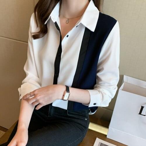 Chikichi 2021 Autumn New Lapel Stitching Office Ladies Chiffon Shirt Women Cardigan Striped Long Sleeve Blouse