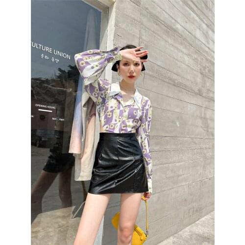 2021 spring new retro purple print design flower print blouse shirts French tops