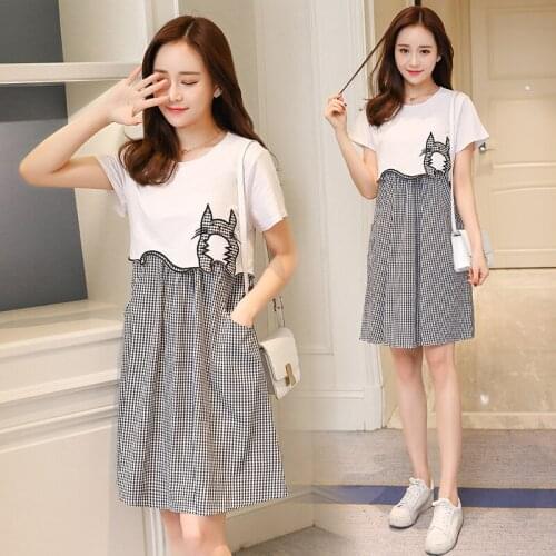 15# Maternity Clothes Nursing Dress O Neck Embroidery Cat Plaid Summer Loose Stylish Dress Pregnancy Clothes Breastfeeding Dress