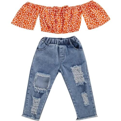 1-5Y Summer Toddler Kids Baby Girl Clothes Off Shoulder Orange Floral Printed Tops T-Shirt Denim Pants Outfits 2Pcs