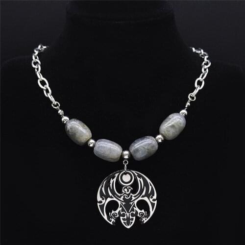 Stainless Steel Natural Flash Stone Beads Eagle Sun Necklaces for Women Silver Pendant Necklace Jewelry bijoux femme N4078S02