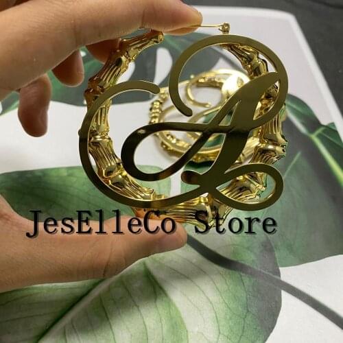 Custom Name Earrings Personalize Stainless Steel Letter Earrings For Women Circle Bamboo Earrings Jewelry Gift