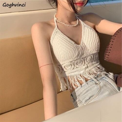 Camisole Women Vintage Cami Summer Beachwear Holiday Sexy V-neck Fashion Bohemian Tassel Halter Crop Tops Streetwear Slim Casual
