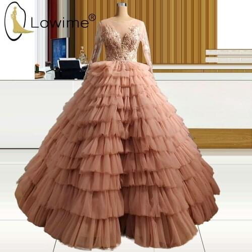 Blush Pink Tiered Evening Dresses 2021 A Line Puffy Long Sleeve Prom Gowns Robes Longue Dresses for Women Party